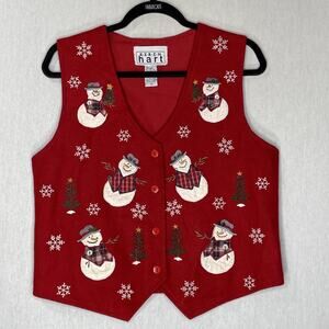 Vintage Christmas Sweater Vest Small Red Snowman Tree Button Up Novelty Holidays